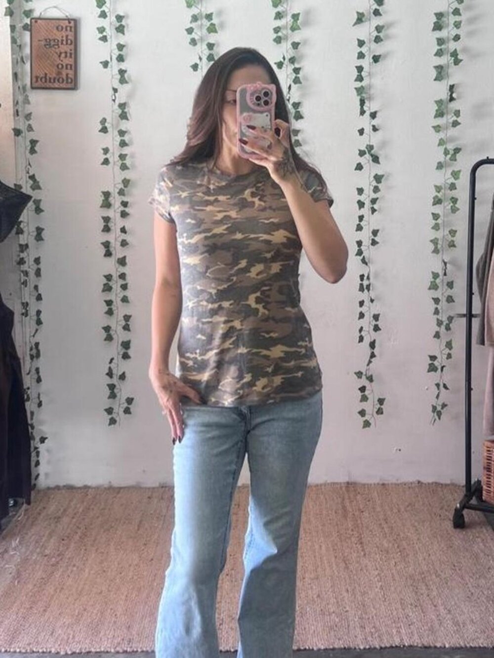 Y2K camouflage print cap sleeve crewneck t-shirt size L